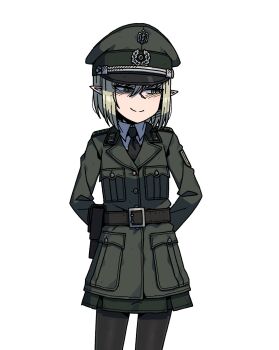 Rule 34 | 1girl, arms behind back, belt, blonde hair, commentary, elf, green eyes, gun, hat, highres, jacket, karepack, long hair, military hat, military jacket, military uniform, original, pleated skirt, pointy ears, short hair, simple background, skirt, solo, weapon, white background