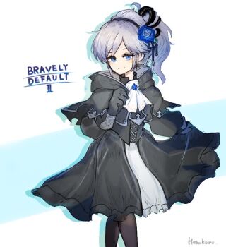 Rule 34 | 1girl, adelle ein, ascot, black dress, black gloves, black headband, black pantyhose, blue eyes, blue flower, bravely default (series), bravely default ii, commentary request, dress, flower, gloves, grey hair, hair flower, hair ornament, headband, hosakana, light smile, looking at viewer, pantyhose, ponytail, signature, skirt hold, smile, solo, white ascot