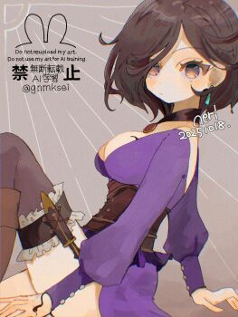 1girl artist_name black_choker boots breasts brown_boots brown_corset brown_eyes brown_hair choker cleavage closed_mouth commentary_request corset dagger dated dot_nose dress earrings feet_out_of_frame grey_background grey_thighhighs han_(hn-khk) highres jewelry knife long_sleeves looking_at_viewer medium_breasts octopath_traveler octopath_traveler_ii parted_bangs pendant pendant_choker purple_dress short_hair side_slit sitting solo swept_bangs thigh_strap thighhighs throne_anguis twintails underbust weapon