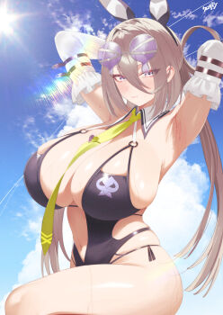1girl absurdres animal_ear_hairband animal_ears armpit_focus armpits arms_up black_one-piece_swimsuit blue_eyes blue_sky blush breasts closed_mouth commentary_request day donkey_ears eyewear_on_head fake_animal_ears fate/grand_order fate_(series) hair_between_eyes hairband highres huyan_zhuo_(fate) huyan_zhuo_(swimsuit_berserker)_(fate) kurozawa_yui large_breasts long_hair looking_at_viewer navel necktie one-piece_swimsuit outdoors presenting_armpit purple-tinted_eyewear sideboob skindentation sky solo sunglasses sweat swimsuit thighs tinted_eyewear yellow_necktie