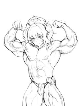 1girl abs arms_up bandaid bandaids_on_nipples bara barbara_(genshin_impact) bodybuilder closed_mouth commentary cowboy_shot cross english_commentary flexing genderswap genderswap_(ftm) genshin_impact greyscale highres jason_kim loincloth long_hair looking_at_viewer meme monochrome muscular muscular_arms muscular_female muscular_legs pasties pectorals simple_background sketch smile solo twintails