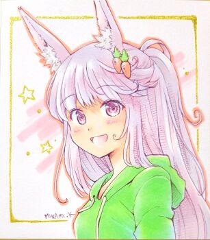 1girl animal_ear_fluff animal_ears arm_at_side artist_name blush border carrot_hair_ornament commentary_request food-themed_hair_ornament green_hoodie hair_ornament highres hood hoodie long_hair looking_at_viewer marker_(medium) minami_kawa open_mouth orange_outline original outline outside_border pink_eyes pink_hair rabbit_ears smile solo traditional_media upper_body white_background yellow_border