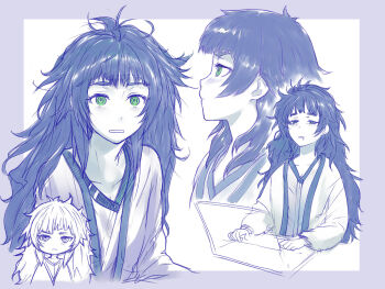 1girl ahoge blush closed_mouth collarbone computer deformed dress drooling flat_chest green_eyes hair_between_eyes highres hiyajou_maho jacket laptop long_hair long_sleeves looking_at_viewer looking_to_the_side menomorute messy_hair monochrome multiple_views narrowed_eyes parted_lips ringed_eyes science_adventure shirt simple_background sitting sleepy solo steins;gate steins;gate_0 upper_body very_long_hair