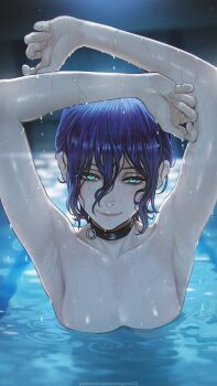 1girl armpits arms_up black_choker chainsaw_man choker closed_mouth commentary completely_nude green_eyes grenade_pin hair_between_eyes highres long_hair_between_eyes looking_at_viewer magion02 mixed-language_commentary nude partially_submerged pool purple_hair reze_(chainsaw_man) short_hair skinny_dipping smile solo wet wet_hair