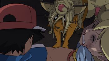 ampharos ash_ketchum baseball_cap blonde_hair blood blood_on_face blue_jacket bonnie_(pokemon) bruise bruised_eye clemont_(pokemon) clenched_hand clenched_teeth clothes_grab dedenne derivative_work fake_screenshot from_above from_behind fullmetal_alchemist fusion gen_2_pokemon gen_6_pokemon hair_between_eyes hat i_hate_kids_with_good_instincts_like_you_(meme) injury jacket long_hair looking_down looking_up mega_ampharos mega_pokemon meme mgx0 nintendo parody pokemon pokemon_(anime) pokemon_(creature) pokemon_xy_(anime) screenshot_redraw shou_tucker's_chimera sidelocks spoilers teeth white_eyes