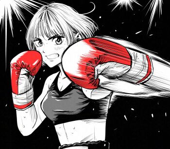 Rule 34 | 1girl, boxing, boxing gloves, boxing shorts, breasts, commentary request, flying sweatdrops, gloves, greyscale, hatching (texture), highres, lee (dragon garou), light rays, looking at viewer, medium breasts, midriff, monochrome, motion lines, mouth guard, original, punching, red gloves, short hair, shorts, solo, sports bra, spot color, sweat, upper body, very sweaty