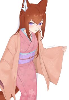 1girl absurdres alternate_breast_size_(smaller) alternate_species animal_ear_fluff animal_ears artist_name breasts brown_hair check_clothing cherry_blossoms closed_mouth clothing_request commentary cowboy_shot english_commentary floral_print floral_print_kimono fox_ears fox_girl fox_tail hair_between_eyes hands_up hanten_(clothes) highres jacket japanese_clothes kimono light_blush long_hair looking_at_viewer makise_kurisu open_clothes open_jacket orange_jacket pink_kimono print_kimono purple_eyes purple_sash sash science_adventure simple_background small_breasts solo standing steins;gate tail white_background yukiooromi