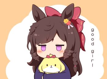 1girl animal animal_ears blue_shirt blush bow brown_hair chibi chibi_only commentary daiichi_ruby_(umamusume) dog drill_hair english_text flower gomashio_(goma_feet) hair_bow hair_flower hair_ornament holding holding_animal horse_ears horse_girl jitome long_hair long_sleeves purple_eyes red_bow shirt solo umamusume upper_body