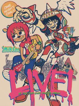 armor black_hair brekkist character_request chromatic_aberration crossover english_text gitaroo_man gitaroo_man_(character) guitar helmet highres horns instrument japanese_text katy_kat lammy_(um_jammer_lammy) open_mouth parappa parappa_the_rapper red_hair shirt smile sweat t-shirt um_jammer_lammy