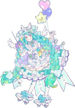 1girl :q aqua_bow balloon blush bow braid brown_eyes closed_mouth detached_wings dress dress_bow frilled_skirt frills full_body green_hair hair_bow hair_ornament heart_balloon highres holding holding_balloon holding_wand long_hair long_sleeves looking_at_viewer low_twin_braids macross macross_frontier official_art pantyhose ranka_lee roller_shoes shoes skirt smile solo star_(symbol) star_balloon star_hair_ornament tongue tongue_out transparent_background twin_braids very_long_hair wand white_bow white_dress white_pantyhose white_wings wings