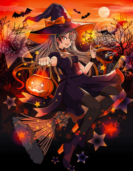1girl bat_(animal) black_dress black_thighhighs broom broom_riding character_request copyright_request dress earrings eri_kamijo full_body full_moon halloween hat high_heels holding jack-o&#039;-lantern jewelry long_hair looking_at_viewer moon nail_polish open_mouth outdoors purple_eyes smile solo standing sunset thighhighs tree wand witch witch_hat