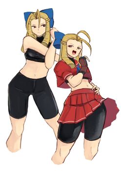 1girl bike_shorts black_shorts black_sports_bra blonde_hair blue_bow bow brown_gloves drill_hair gloves hair_bow highres kanzuki_karin laughing long_hair multiple_views navel ojou-sama_pose pleated_skirt red_skirt shorts simple_background skirt smile sports_bra standing street_fighter street_fighter_zero_(series) stretching tikuwabu_33 white_background