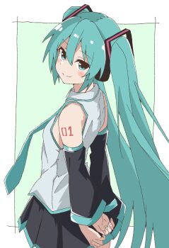 1girl aqua_hair aqua_necktie arms_behind_back black_skirt border commentary detached_sleeves green_background hatsune_miku headset highres long_hair looking_to_the_side maho_ron1 necktie number_tattoo outside_border pleated_skirt shirt shoulder_tattoo simple_background skirt sleeveless sleeveless_shirt smile solo tattoo twintails very_long_hair vocaloid white_border white_shirt
