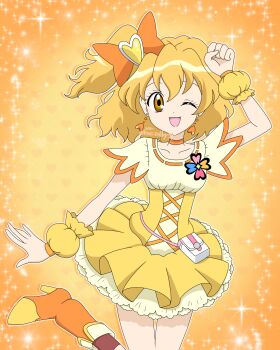 1girl absurdres bag blonde_hair boots bow brown_eyes choker commentary_request cure_pine dress earrings fresh_precure! hair_bow hand_up heart heart_earrings high_heel_boots high_heels highres jewelry looking_at_viewer magical_girl meru_(mer_milky77) one_eye_closed one_side_up open_mouth precure short_sleeves smile solo standing standing_on_one_leg wrist_cuffs yamabuki_inori yellow_background yellow_theme