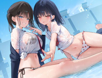 2girls age_difference arm_support bare_legs bikini bikini_under_clothes black_hair blue_eyes blush breasts cellphone closed_mouth food-themed_hair_ornament food_print fruit_print grin hair_ornament hairclip hip_bones ichigo_(mignon) jacket large_breasts long_hair long_sleeves looking_at_viewer medium_hair mignon multiple_girls nanami_(mignon) navel necktie on_water one-piece_swimsuit onee-loli open_clothes open_jacket original outdoors phone plaid_bikini plaid_clothes print_bikini red_eyes red_necktie sailor_collar see-through_clothes see-through_shirt shallow_water shiny_skin shirt short_sleeves side-tie_bikini_bottom sitting sitting_on_water small_breasts smile stomach strawberry_hair_ornament strawberry_print swimsuit teeth tied_shirt tongue tongue_out twintails v water wet wet_clothes wet_swimsuit white_one-piece_swimsuit white_sailor_collar white_shirt x_hair_ornament