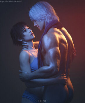 Rule 34 | 1boy, 1girl, artist name, clothed female nude male, dante (devil may cry), devil may cry (series), devil may cry 5, eye contact, face-to-face, film grain, highres, lady (devil may cry), looking at another, lunee2002, muscular, muscular male, nude, tall male, underwear