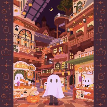 Rule 34 | 6+others, animated, animated gif, awning, balcony, bridge, building, candy, crescent moon, food, ghost costume, halloween, halloween bucket, highres, jack-o'-lantern, kuronmaibyou, lantern, lollipop, market stall, moon, multiple others, night, original, pixel art, sheet ghost, stairs, string of light bulbs, train, tree