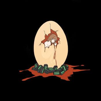 1girl black_background blood brown_hair covering_privates egg fetal_position hatching highres misaka_mikoto night_vision_device nude_cover short_hair simple_background solo yakult1124