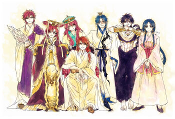 2girls 5boys abs absurdres barefoot beard black_hair blue_eyes blue_hair bracer braid brother_and_sister brothers chinese_clothes chinese_hat cousins crop_top facial_hair family_portrait feather_fan freckles group_picture guan_hat hair_ornament hair_rings hair_tubes half-siblings hanfu hat highres jewelry judal lineup long_hair long_sleeves looking_at_viewer magi_the_labyrinth_of_magic mian_guan midriff mole mole_under_mouth multiple_boys multiple_girls navel neck_ring pink_eyes pink_hair red_eyes red_hair ren_hakuei ren_hakuryuu ren_kouen ren_kougyoku ren_kouha ren_koumei scar shawl siblings simple_background single_braid sitting smile standing step-siblings stomach toned toned_male trap white_background xiao_guan_(headdress) xuancheng zhijupao