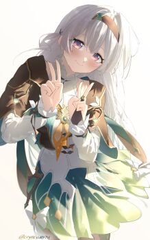 1girl absurdres black_bridal_gauntlets black_hairband black_jacket blush breasts bridal_gauntlets closed_mouth commentary cryne double_v fingernails firefly_(honkai:_star_rail) green_skirt hair_between_eyes hairband hands_up head_tilt highres honkai:_star_rail honkai_(series) jacket large_breasts long_hair looking_at_viewer purple_eyes shirt single_bridal_gauntlet skirt smile solo v white_hair white_shirt