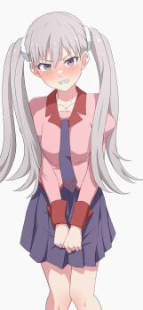 1girl absurdres blush clenched_teeth collared_shirt commentary_request cowboy_shot grey_eyes grey_hair hair_between_eyes hair_ornament hair_scrunchie highres long_hair long_sleeves monogatari_(series) na-suke naoetsu_high_school_uniform necktie oikura_sodachi owarimonogatari pink_shirt pleated_skirt purple_necktie purple_skirt school_uniform scowl scrunchie shirt simple_background skirt solo standing teeth twintails very_long_hair white_background white_scrunchie