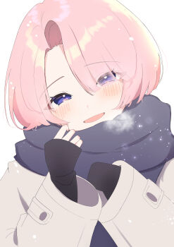 1girl absurdres arimura_mao asymmetrical_bangs black_scarf black_shirt blue_t blush breath coat commentary_request gakuen_idolmaster grey_coat head_tilt highres idolmaster long_sleeves looking_at_viewer pink_hair purple_eyes scarf shirt simple_background smile solo upper_body white_background