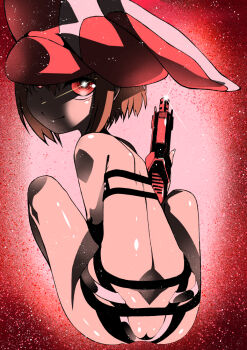 1girl ass brown_hair butt_crack commentary_request hat kuromasa_shisei llenn_(sao) looking_at_viewer looking_back red_eyes red_theme short_hair smile solo sword_art_online sword_art_online_alternative:_gun_gale_online