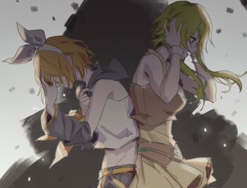 Rule 34 | 2girls, arm warmers, back-to-back, black arm warmers, black sailor collar, black shorts, bow, commentary request, crying, detached sleeves, green eyes, green hair, green vest, gumi, hair between eyes, hair bow, hairband, hand on own chest, hand on own face, hands up, height difference, kagamine rin, medium hair, multiple girls, neckerchief, sailor collar, shirt, short hair, shorts, sidelocks, skirt, sleeveless, sleeveless shirt, tears, vest, vocaloid, white bow, white hairband, white shirt, wounds404, wrist cuffs, yellow neckerchief, yellow shirt, yellow skirt