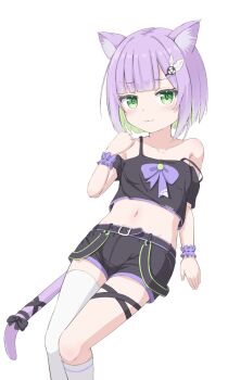 Rule 34 | 1girl, animal ear fluff, animal ears, bare shoulders, belt, belt buckle, black shorts, blush, bow, buckle, cat ears, cat tail, closed mouth, collarbone, colored inner hair, commission, crop top, denim, denim shorts, female focus, flat chest, green eyes, green hair, hair ornament, hairclip, highres, indie virtual youtuber, kneehighs, knees, looking at viewer, midriff, multicolored hair, navel, off shoulder, purple bow, purple hair, purple tail, purple wrist cuffs, short hair, short shorts, shorts, shwaa, simple background, single thighhigh, sitting, skeb commission, socks, solo, stomach, tail, tail bow, tail ornament, takasuma hiro, thigh strap, thighhighs, thighs, virtual youtuber, wavy mouth, webp-to-png conversion, white background, white socks, wrist cuffs