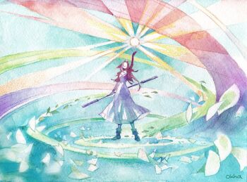 1girl aerith_gainsborough artist_name boots braid braided_ponytail breasts brown_hair cropped_jacket dress falling_petals fighting_stance final_fantasy final_fantasy_vii final_fantasy_vii_remake full_body hair_ribbon hand_up holding holding_staff jacket long_dress long_hair magic medium_breasts okha parted_bangs petals pink_dress red_jacket ribbon single_braid solo staff standing traditional_media