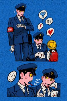 ! 1girl 2boys absurdres age_difference arm_behind_head armband backpack bag black_bag black_hair blue_background blue_hat blue_necktie blue_pants blue_shirt blush buttons child chinese_commentary closed_mouth collared_shirt commentary_request eye_contact fang flying_sweatdrops forked_tongue formal_clothes gloves hand_up hat heart highres holding holding_letter index_finger_raised letter long_fangs long_tongue looking_at_another love_letter male_focus multiple_boys multiple_views myojo_0120 necktie nervous_sweating open_mouth original pants police_hat randoseru red_armband scolding sequential shirt short_hair shoulder_bag simple_background slit_pupils smile snake_boy speech_bubble spoken_heart squatting standing sweat talking tongue tongue_out translated very_short_hair white_gloves white_shirt yellow_eyes yellow_hat