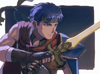 Rule 34 | 1boy, armor, blue eyes, blue hair, closed mouth, commentary request, fire emblem, fire emblem: radiant dawn, green headband, headband, highres, holding, ike (fire emblem), male focus, nintendo, outside border, pauldrons, short hair, shoulder armor, single pauldron, solo, tobeflog, two-handed, upper body