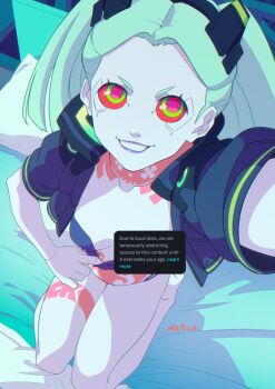 1girl anniversary bare_legs barefoot bed black_panties bra breasts colored_sclera cyberpunk:_edgerunners cyberpunk_(series) english_text green_hair grin highres jacket kneeling looking_at_viewer mra-artworks neck_tattoo on_bed one_breast_out open_clothes open_jacket panties pun rebecca_(cyberpunk) revealing_clothes selfie signature simple_background smile solo stomach_tattoo tattoo twintails twitter underwear