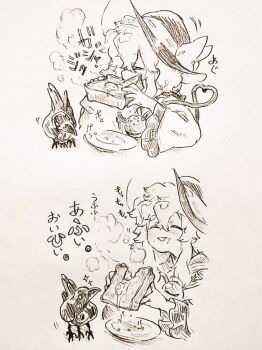 Rule 34 | 1girl, animalization, bird, bow, bread, bread slice, buttons, closed eyes, commentary request, diamond button, eating, eyeball, food, food on face, frilled sleeves, frills, greyscale, hat, hat bow, heart, heart of string, holding, holding food, komeiji koishi, long sleeves, menotama, monochrome, open mouth, plate, reiuji utsuho, reiuji utsuho (bird), shirt, smile, speech bubble, third eye, third eye on chest, toast, touhou, traditional media, translation request, wide sleeves