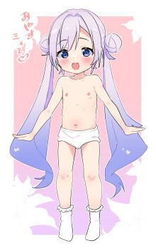 1girl absurdres blue_eyes blush breasts double_bun full_body hair_bun highres loli long_hair magia_record:_mahou_shoujo_madoka_magica_gaiden mahou_shoujo_madoka_magica navel no_shoes open_mouth panties purple_hair small_breasts smile socks solo standing stomach topless_female twintails underwear underwear_only white_panties white_socks yakumo_mikage yappariga