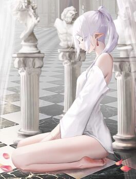 1girl absurdres bare_legs bare_shoulders barefoot breasts checkered_floor earrings elf falling_petals feet frieren highres indoors jewelry medium_breasts no_pants petals pointy_ears ponytail seiza shirt sihana156 sitting small_breasts soles solo sousou_no_frieren statue teardrop_earrings toes white_shirt