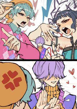 Rule 34 | 1girl, 2boys, anger vein, aqua eyes, aqua hair, aqua nails, aqua shirt, baby (kpop demon hunters), backwards hat, bare shoulders, black hair, blunt bangs, blush, brown eyes, collared shirt, dragonla, earrings, furrowed brow, hair between eyes, hair over eyes, halterneck, hat, highres, jewelry, kpop demon hunters, multiple boys, multiple earrings, mystery (kpop demon hunters), nail polish, open mouth, orange hat, orange sweater, parted lips, pink sweater, purple hair, purple sweater vest, ring, shirt, short bangs, sidelocks, sweater, sweater vest, upper body, zoey (kpop demon hunters)