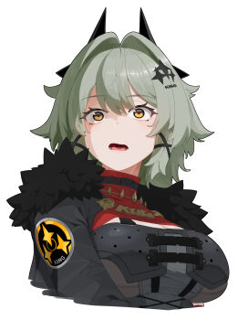 1girl absurdres armor breastplate breasts caesar_king_(zenless_zone_zero) cleavage fur-trimmed_jacket fur_trim green_hair hair_between_eyes hair_ornament hairpin highres jacket lower_teeth_only open_mouth red_shirt shinarika396 shirt single_hair_intake solo spikes surprised teeth tongue white_background yellow_eyes zenless_zone_zero