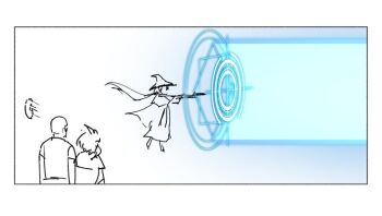 1boy 2girls beret buzz_cut courier_(fallout:_new_vegas) craig_boone fallout fallout:_new_vegas gun hat holding holding_gun holding_weapon magic_circle milramemo multiple_girls nelyne_(milramemo) noelle_rutherford original robe shirt short_hair short_sleeves unworn_hat unworn_headwear very_short_hair weapon witch_hat