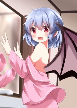 1girl alternate_costume bare_back bare_shoulders bat_wings blue_hair blush commentary_request highres indoors long_sleeves mirror no_reflection off_shoulder pajamas pants pink_pajamas pink_pants pink_shirt pointy_ears red_eyes remilia_scarlet ruu_(tksymkw) shirt short_hair solo touhou wings worried