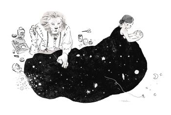 1boy 1girl black_hair body_fur dress full_body furry furry_male lion_boy long_sleeves nagabe needle original puffy_long_sleeves puffy_sleeves sewing sewing_needle short_hair simple_background suspenders white_background