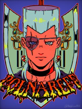 1boy arrow_(projectile) blue_eyes character_name choker chromatic_aberration commentary earrings eyepatch flattop grey_hair hanagruma0606 heart heart_earrings highres jean_pierre_polnareff jewelry jojo_no_kimyou_na_bouken looking_at_viewer male_focus portrait scar scar_across_eye scar_on_face solo straight-on twitter_username vento_aureo weapon