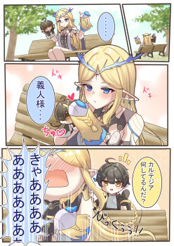 1boy 1girl black_dress black_hair blonde_hair blue_eyes blush cartethyia_(wuthering_waves) commentary_request crown_of_thorns dress earrings hand_puppet heart highres jewelry kiss long_hair male_rover_(wuthering_waves) nose_blush on_bench open_mouth outdoors parted_bangs parted_lips pointy_ears puppet rover_(wuthering_waves) sidelocks sitting surprised tabard tacet_mark_(wuthering_waves) translation_request uissu white_tabard wuthering_waves