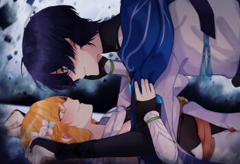 1boy 1girl absurdres black_bodysuit black_corset black_gloves black_hair blonde_hair blue_cape blue_gemstone blue_sleeves blue_trim blunt_ends bodysuit boy_on_top cape clenched_hands clenched_teeth closed_mouth corset eyelashes eyeliner eyeshadow flower from_side furisode gem genshin_impact gloves gold hair_flower hair_ornament halterneck hand_on_another&#039;s_arm hetero highres japanese_clothes kimono kykuma4 layered_sleeves looking_at_another lumine_(genshin_impact) lying makeup monochrome_background on_back partially_fingerless_gloves profile purple_eyes purple_hair red_eyeliner red_eyeshadow scaramouche_(genshin_impact) scarf short_hair short_sleeves sidelocks sideways_mouth smile tassel tears teeth turtleneck turtleneck_bodysuit twitter_username vambraces wanderer_(genshin_impact) white_flower white_kimono white_scarf white_sleeves white_trim yellow_eyes yukadon