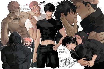 2boys abs absurdres black_hair black_pants black_shirt borrowed_clothes chibi chibi_inset commentary compression_shirt english_commentary fushiguro_megumi hand_on_another's_face heart height_difference highres hood hood_up hooded_jacket hug hug_from_behind iba_(kcokaine) imminent_kiss itadori_yuuji jacket jewelry jujutsu_kaisen male_focus multiple_boys multiple_views navel nipples pants pectorals pink_hair ring scar scar_on_face scar_on_forehead shirt short_hair simple_background spiked_hair white_background white_shirt yaoi