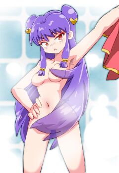 1girl :&lt; bath bell blush breasts convenient_censoring double_bun hair_bell hair_bun hair_censor hair_ornament hair_over_breasts hair_over_crotch hand_on_own_hip heart heart_hair_ornament holding holding_unworn_clothes jingle_bell long_hair looking_at_viewer medium_breasts navel nude onnaski purple_hair raised_eyebrow ranma_1/2 red_eyes shampoo_(ranma_1/2) standing steam