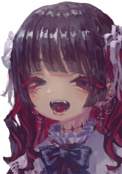 Rule 34 | 1girl, black hair, bow, bowtie, cross, cross earrings, ear piercing, earrings, face piercing, frilled shirt collar, frills, grey eyes, hair ribbon, highres, jewelry, jirai kei, jonpei, lip piercing, long hair, looking at viewer, mole, mole under eye, multicolored hair, neck tattoo, open mouth, original, piercing, red hair, ribbon, solo, tattoo, teeth, tongue, tongue piercing, two-tone hair, upper body