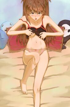 1girl :o artist_request ass barefoot bed blue_eyes blush breasts brown_hair character_doll curvy doll full_body hair_between_eyes highres indoors interface_headset_(evangelion) lifting_own_clothes long_hair navel neon_genesis_evangelion on_bed one_breast_out panties pink_panties rei_chikita sexually_suggestive solo souryuu_asuka_langley tank_top tsundere underwear underwear_only undressing wide_hips
