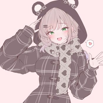 1girl absurdres animal_ear_hood animal_ears arm_up bear_ears blush breasts brown_coat brown_hair coat commentary_request fake_animal_ears flat_color green_eyes grey_scarf hair_ornament hairclip hand_up heart heart_print highres hood hood_up hooded_coat large_breasts long_hair long_sleeves looking_at_viewer open_mouth parallel_hairclips pink_background print_scarf rapid17 scarf simple_background small_sweatdrop smile solo speech_bubble spoken_heart swept_bangs upper_body viichan virtual_youtuber waktaverse
