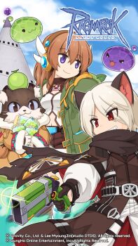 1girl 2boys animal_ears bandolier belt black_belt blue_sky breasts brown_cape brown_coat brown_eyes brown_hair cape cat_boy cat_ears chibi chibi_only cloud coat copyright_notice cowboy_shot dalcom_(ragnarok_online) dark_meloring day food fruit fur_coat furry furry_male gem glint green_jacket grin gun handgun highres holding holding_gun holding_weapon in-universe_location jacket logo long_hair looking_afar medium_breasts meister_(ragnarok_online) melon multiple_boys night_watch_(ragnarok_online) official_art official_wallpaper open_clothes open_jacket outdoors pants purple_eyes purple_gemstone ragnarok_online shirt short_hair sky slime_(creature) smile spirit_handler_(ragnarok_online) tower v-shaped_eyebrows weapon white_hair white_pants white_shirt yuichirou